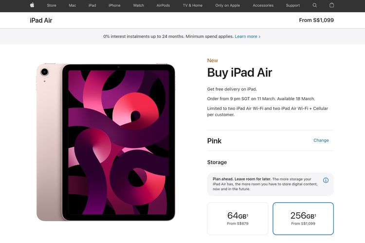 iPad Air 5 bisa dipesan di Singapura mulai 11 Maret 2022.
