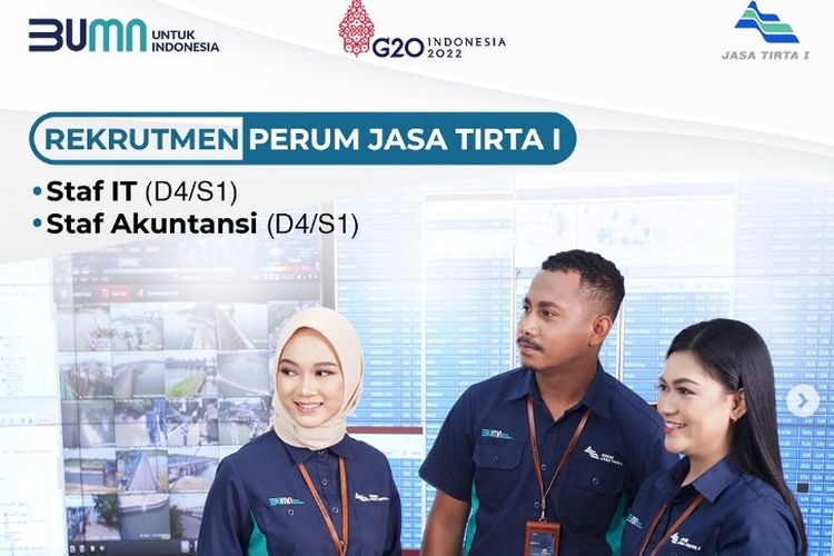 Perum Jasa Tirta I sedang membuka lowongan kerja untuk posisi Staf IT dan Staf Akuntansi