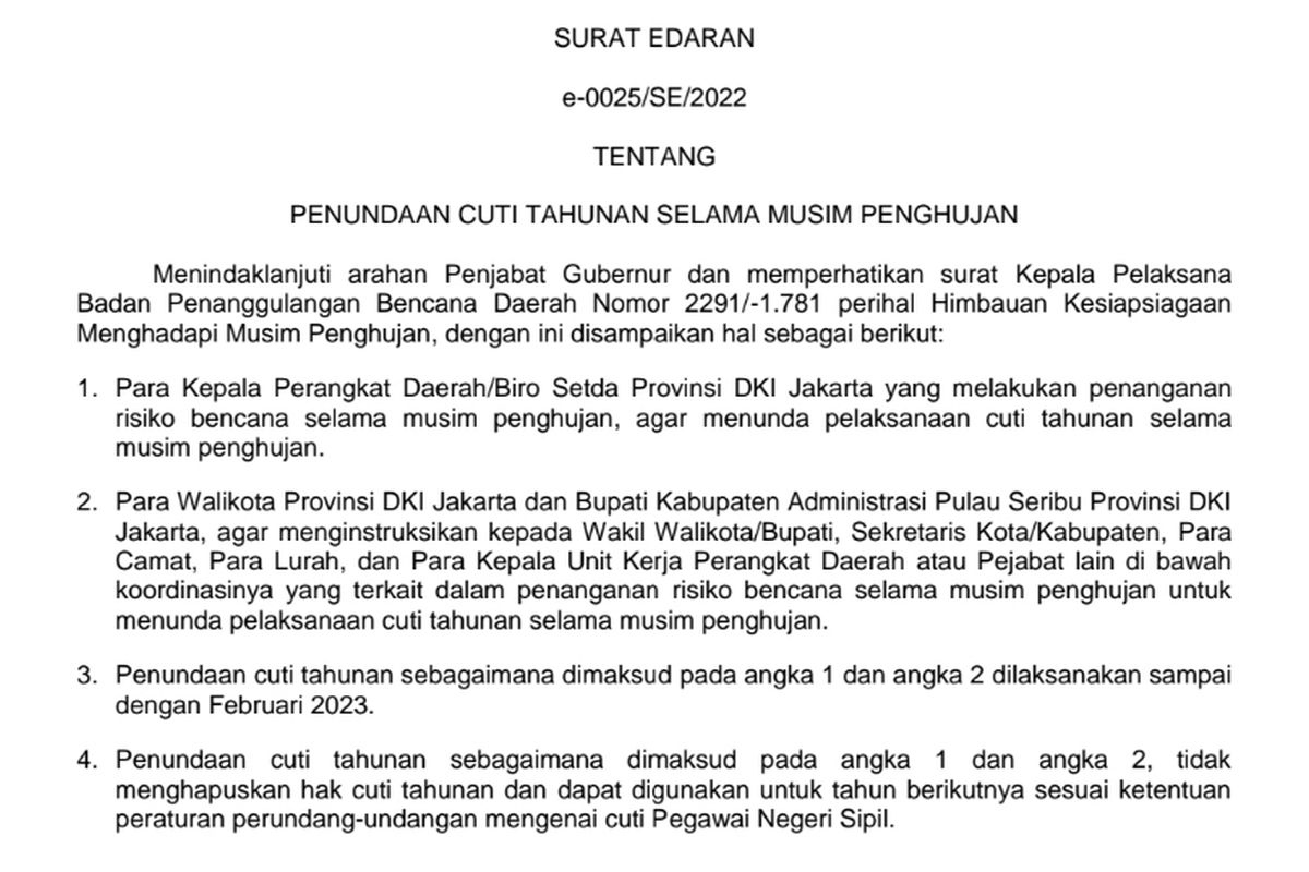 Surat edaran dari BKD DKI Jakarta tentang arahan untuk tidak cuti. Surat ini ditandatangani oleh Kepala BKD DKI Jakarta Maria Qibtya, 20 Oktober 2022.