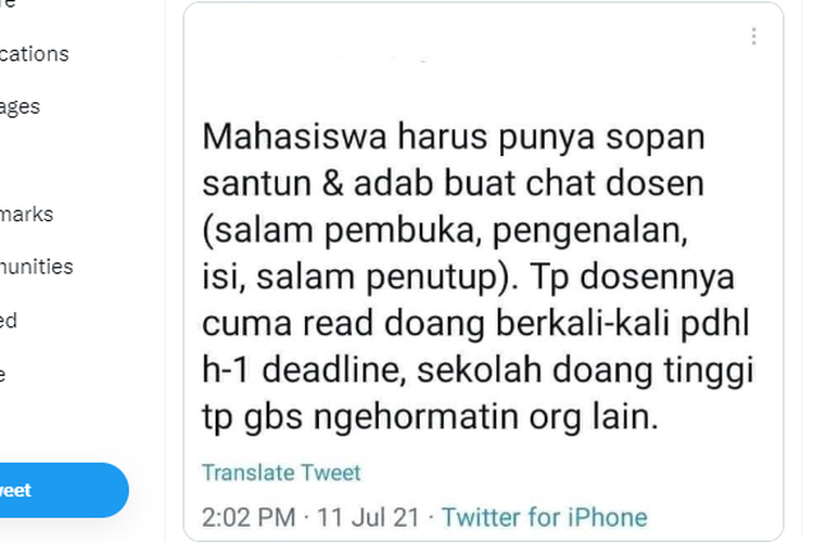 Tangkapan layar twit soal mahasiswa dituntut sopan tetapi dosen cuma baca pesan