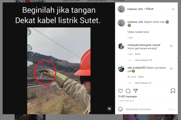 Tangkapan layar video percikan listrik dari kabel SUTET