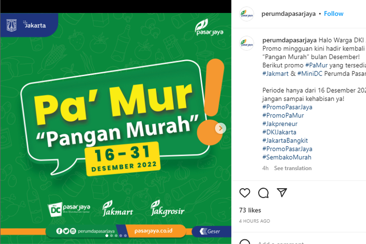 PD Pasar Jaya menggelar promo Pangan Murah pada 16-31 Desember 2022.