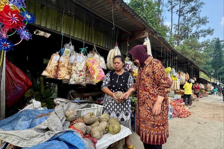 Calon Gubernur (Cagub) Jawa Timur (Jatim) nomor urut tiga, Tri Rismaharini, mengunjungi kawasan penjual oleh-oleh di sepanjang jalan Trawas, Kabupaten Mojokerto, pada Kamis (14/11/2024).