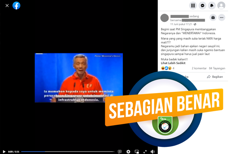 Tangkapan layar unggahan dengan narasi salah di sebuah akun Facebook, 11 Juni 2023, soal pernyataan PM Singapura membanggakan negaranya dan menertawakan Indonesia.