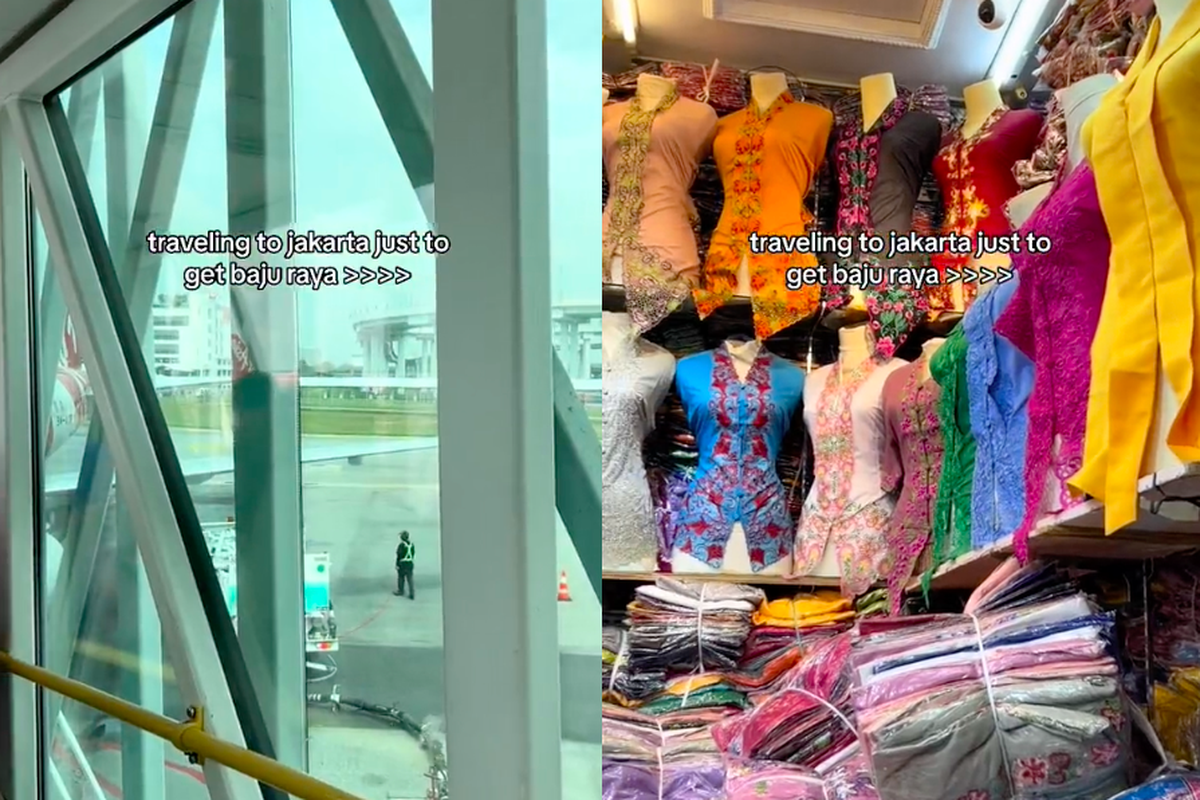 Kolase tangkapan layar unggahan video di akun TikTok @nashsushi, yang menceritakan pengalamannya belanja baju Lebaran di Jakarta. 
