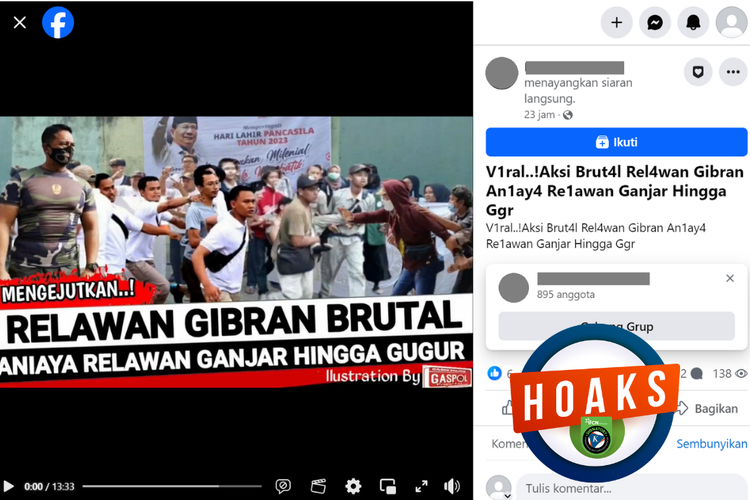 Tangkapan layar konten hoaks di sebuah akun Facebook, Kamis (4/1/2024), soal relawan Gibran menganiaya relawan Ganjar.