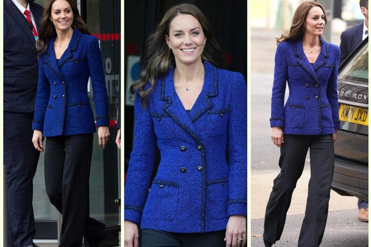 Kate Middleton pakai blazer vintage seharga Rp 90 jutaan saat kunjungan ke Olympic Park London bersama dengan Pangeran William.