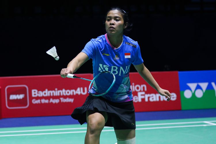 Pebulu tangkis tunggal putri Indonesia, Gregoria Mariska Tunjung, kala beraksi dalam ajang French Open 2024 di Arena Port de la Chapelle, Paris, Perancis, Selasa (5/3/2024).