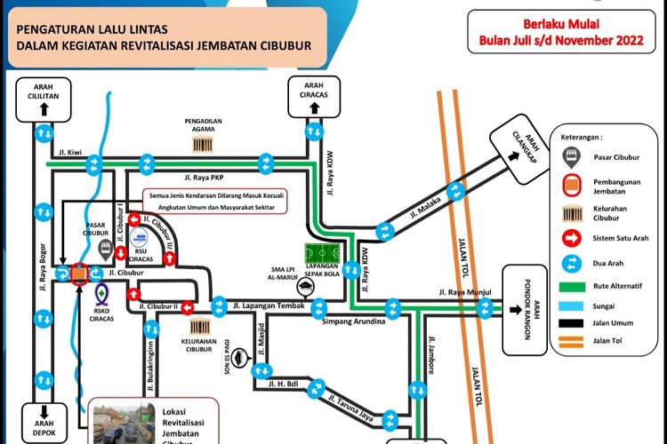 Akses menuju Jalan Lapangan Tembak, Cibubur, Jakarta Timur, ditutup sementara karena adanya revitalisasi Jembatan Cibubur hingga September 2022. Rekayasa lali lintas disiapkan oleh jajaran Suku Dinas Perhubungan Jakarta Timur.