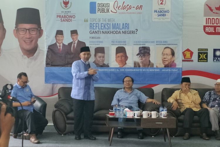 Dewan Pengarah Badan Pemenangan Nasional pasangan Prabowo Subianto-Sandiaga Uno (BPN) Amien Rais dalam sebuah diskusi di kantor Seknas Prabowo-Sandiaga, Menteng, Jakarta Pusat, Selasa (15/1/2019).