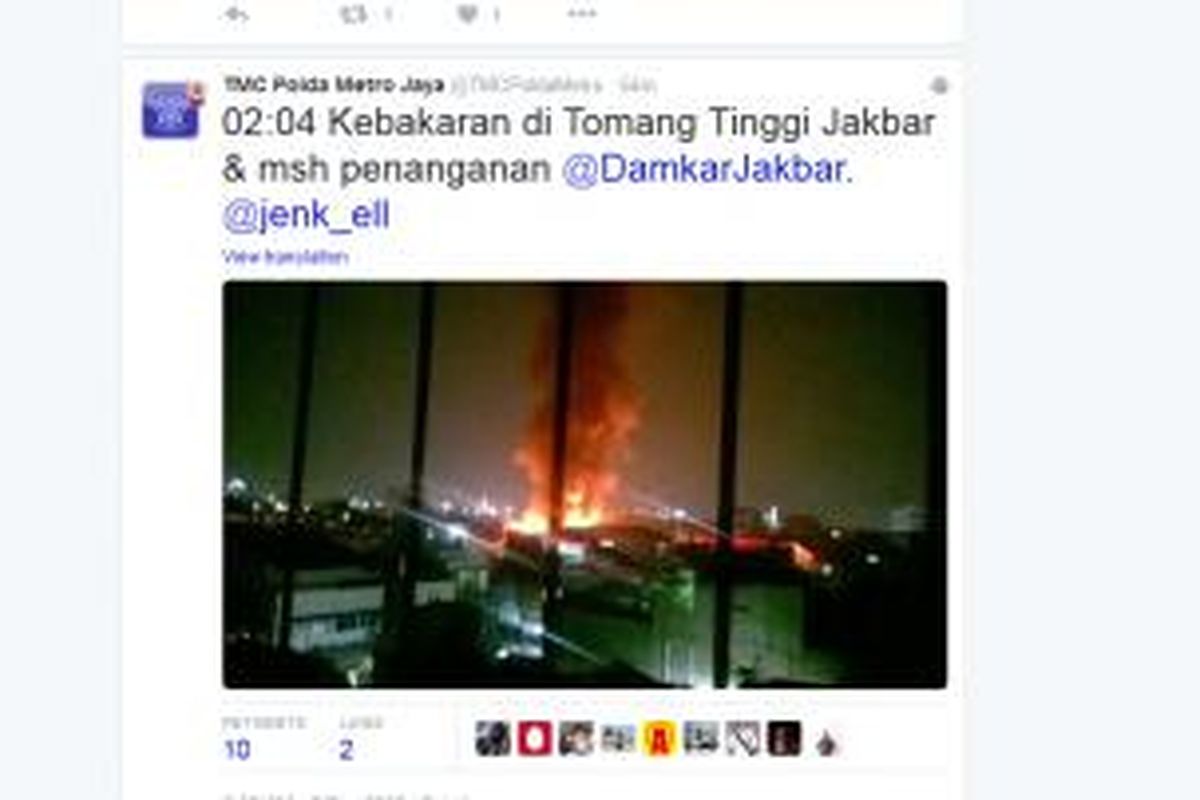 Kebakaran terjadi di permukiman padat penduduk di kawasan Tanah Tinggi, Tomang, Jakarta Barat.