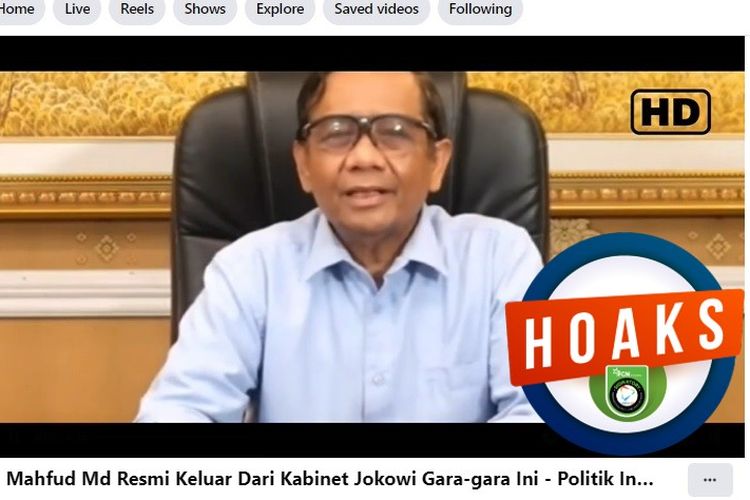 Tangkapan layar Facebook narasi yang menyebut Mahfud MD keluar dari Kabinet Indonesia Maju
