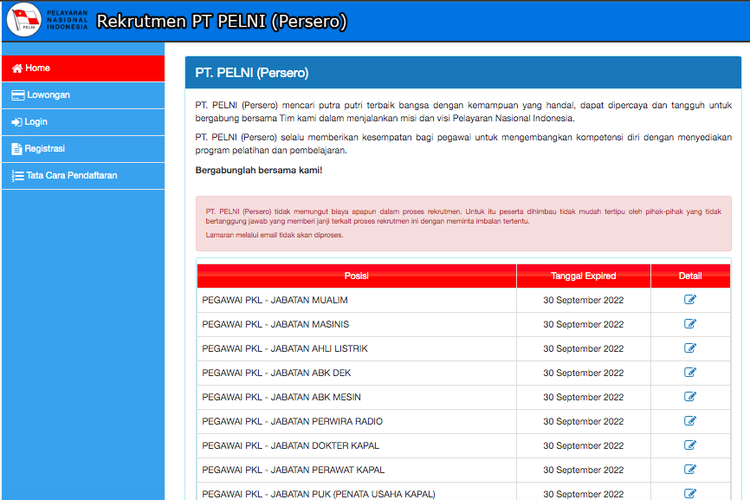 Tangkapan layar rekrutmen PT Pelni (Persero) Tahun 2022