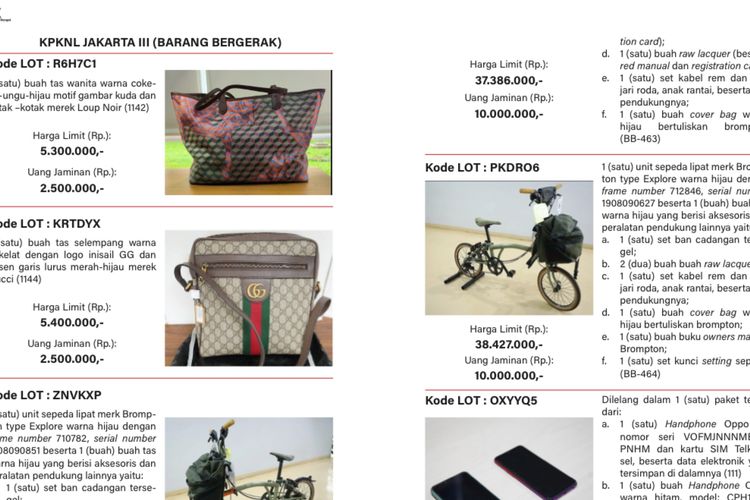 Deretan tas branded yang dilelang KPK dari katalog Lelang KPK 11 Juni 2025.