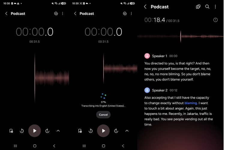 Fitur Voice Transcription di Galaxy A57 mampu mengubah rekaman suara menjadi teks transkrip secara otomatis, bahkan dilengkapi dengan identifikasi pembicara dan terjemahan.