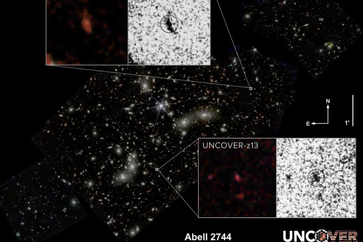 Gambar Abell 2744, Gugus Pandora, dengan dua galaksi dengan pergeseran merah tinggi yang ditemukan oleh JWST dilihat sebagai sisipan.