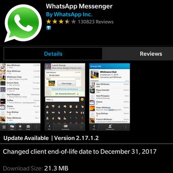 Aplikasi WhatsApp versi terbaru di BlackBerry store menunjukkan keterangan perpanjangan masa dukungan. 