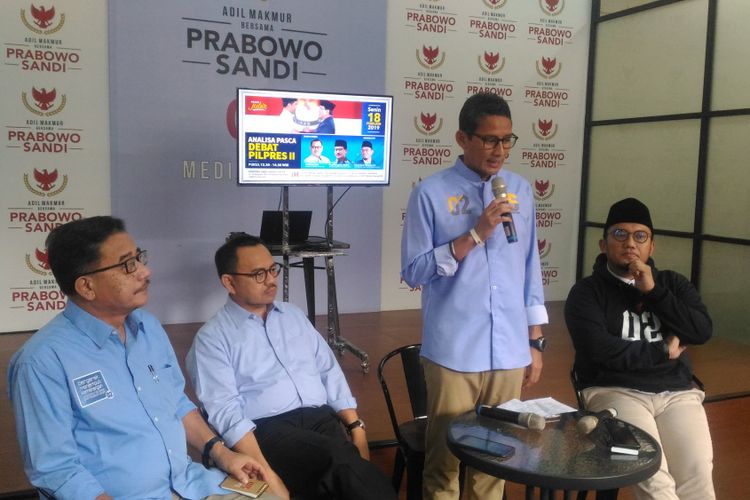 Cawapres Sandiaga Uni dan BPN di Media Center, Jakarta Selatan, Senin (19/2/2019). 