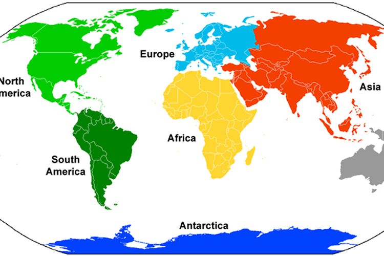 Benua Eropa diperlihatkan oleh warna biru muda dan berbatasan dengan Benua Asia yang berwarna merah.