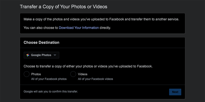 Tool untuk memindahkan foto dan video ke layanan Google Photos dari Facebook.