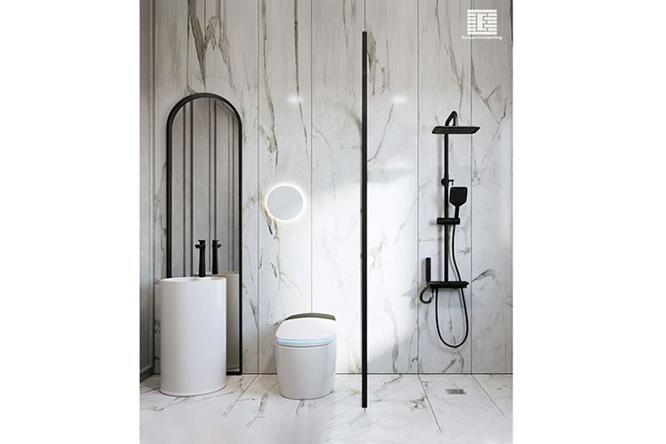 Kamar mandi minimalis bergaya modern umumnya meletakkan shower dan toilet bersebelahan.