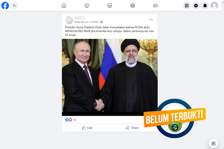 Tangkapan layar unggahan dengan narasi belum terbukti, Selasa (16/4/2024), soal dukungan Rusia terhadap Iran untuk melawan Israel. 