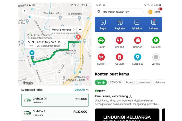 Tangkapan layar aplikasi Grab yang langsung menyarankan layanan Go Car setelah memasukan tujuan dan fitur Go Ride yang tidak muncul di Gojek. 