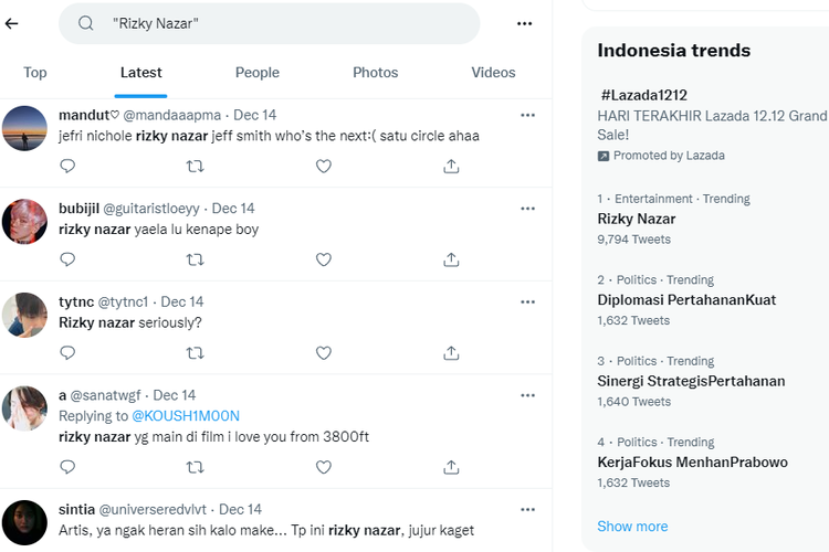 Rizky Nazar masuk jajaran trending topic Twitter Indonesia, Selasa (14/12/2021).