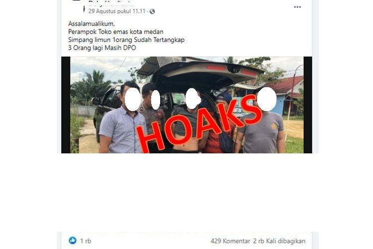 Di media sosial Facebook tersebar foto diklaim perampok toko emas di Medan ditangkap. Informasi ini hoaks.