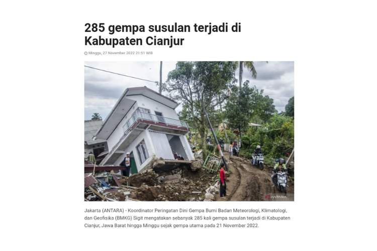 Tangkapan layar berita Antara, 27 November 2022, tentang gempa Cianjur