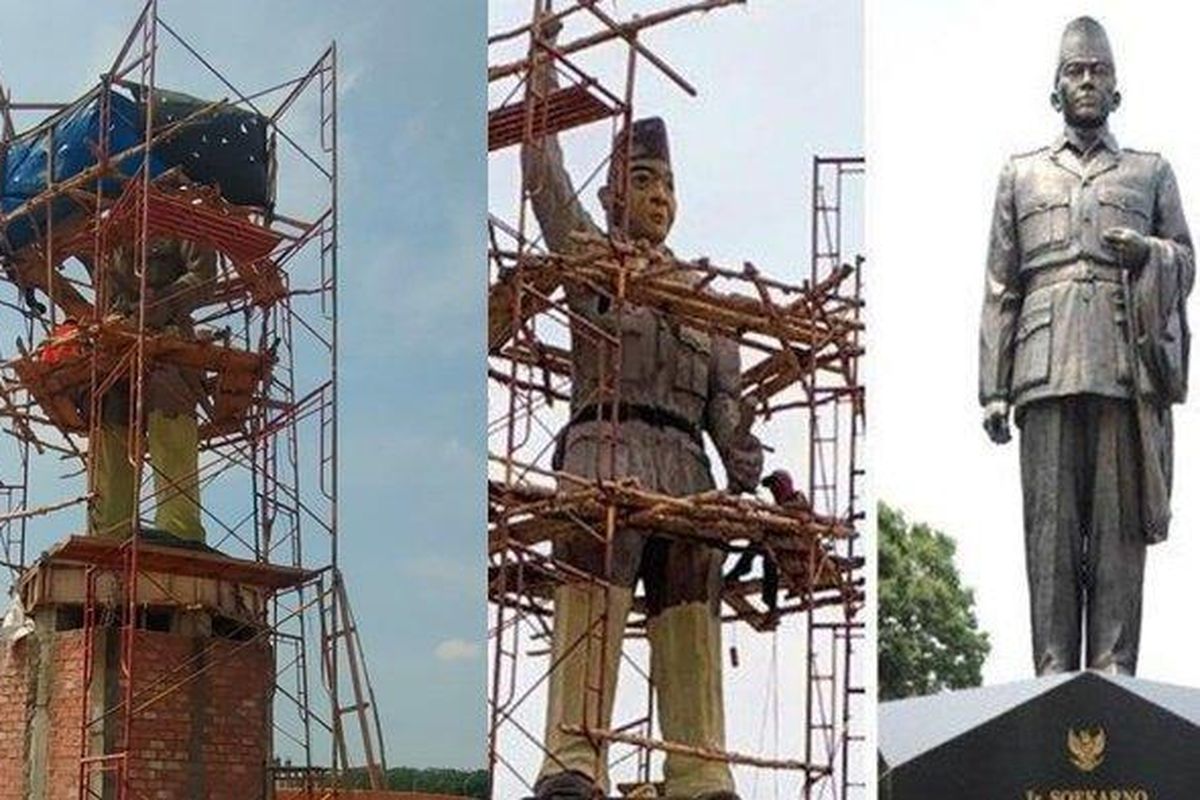 Pekerja Tutup Wajah Patung Bung Karno Pakai Terpal, Setelah Dinilai Tak Ada Kemiripan, Jumat (22/9/2023). 
