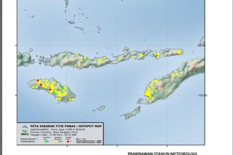 Sejumlah titik panas (berwarna merah) di Pulau Sumba, Nusa Tenggara Timur (NTT).  