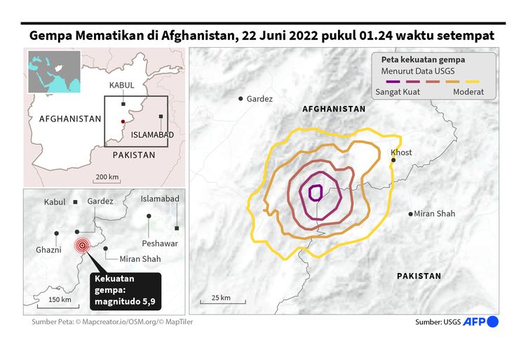Peta gempa Afghanistan pada Rabu (22/6/2022) dan kekuatannya.