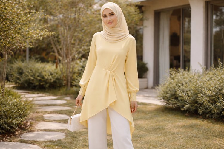 Tunik lebaran warna butter yellow