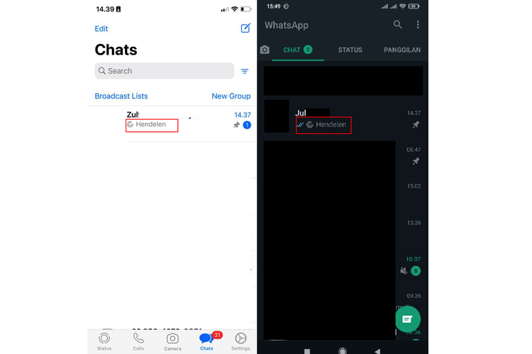 Tanda lingkaran di WhatsApp untuk menunjukkan terdapat chat balasan status. Bentuk tanda lingkaran di WhatsApp untuk penerima chat (kanan) dan pengirim chat (kiri).