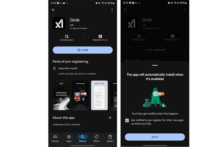 Pantauan KompasTekno, Jumat (21/2025) soal ketersediaan aplikasi Grok di Google Play Store Indonesia