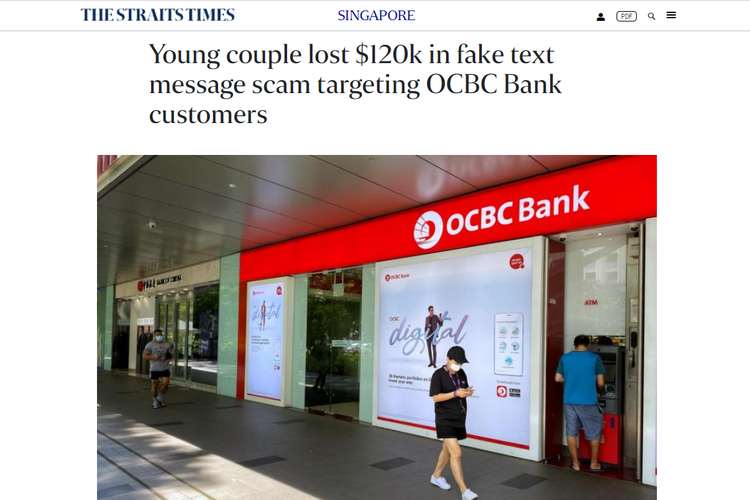Tangkapan layar laporan Straits Times, pada 8 Januari 2022, tentang pembobolan rekening bank melalui SMS.