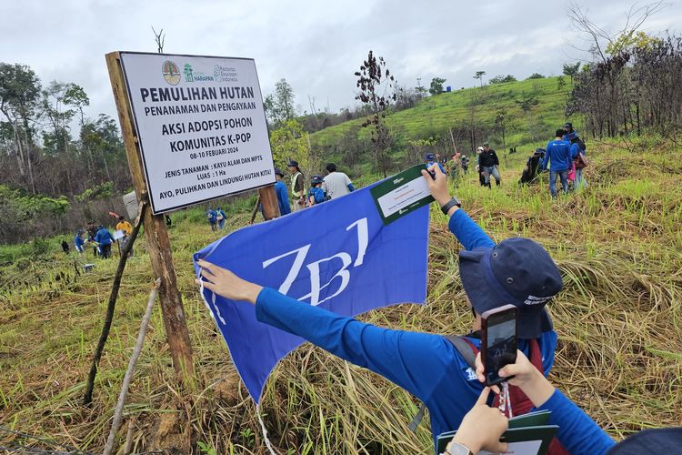 Salah satu penggemar K-pop mengibarkan bendera idolanya di kawasan penanaman pohon di Hutan Harapan, Jambi, Jumat (9/2/2024).