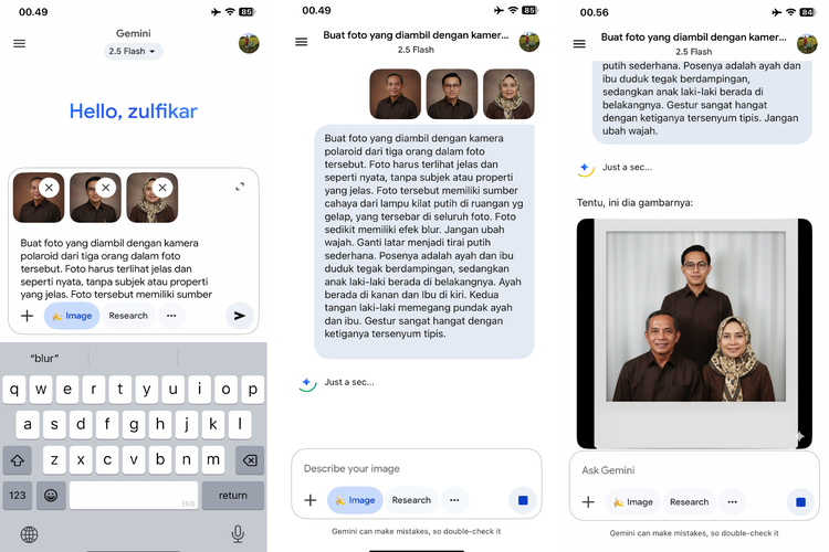 Ilustrasi cara membuat polaroid Gemini AI dengan orang tua yang sudah meninggal.