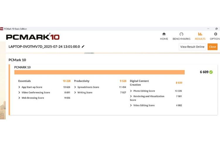 Skor benchmark PCMark 10 IdeaPad Slim 5 13ARP10. 

