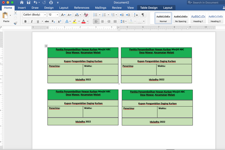 Ilustrasi cara membuat kupon Iduladha di Word dengan Table