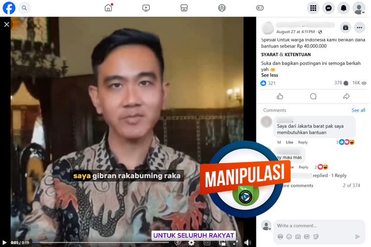 Tangkapan layar konten manipulatif di sebuah akun Facebook, 27 Agustus 2025, menampilkan video Gibran membagikan bantuan dana Rp 40 juta.