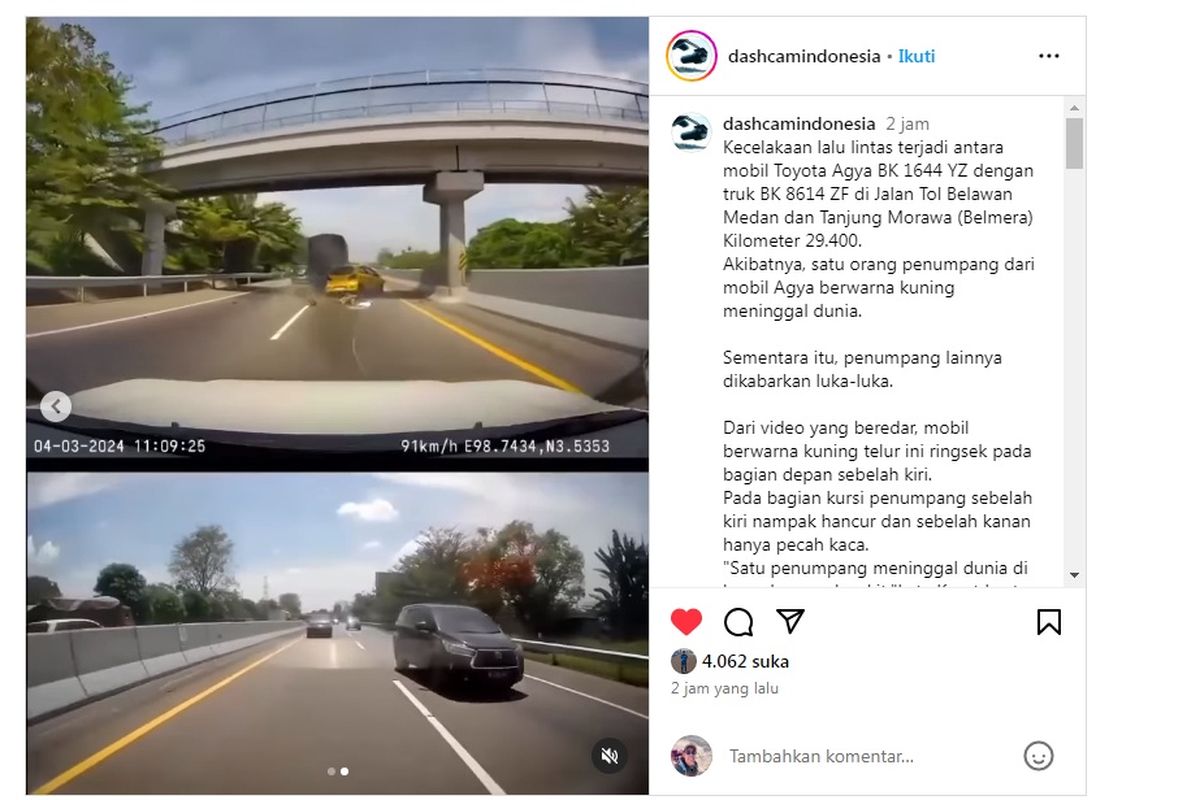 Video kecelakaan lalu-lintas viral di media sosial. Kecelakaan tersebut melibatkan mobil Toyota Agya dengan truk di Jalan Tol Belawan Medan dan Tanjung Morawa, (4/3/2024).