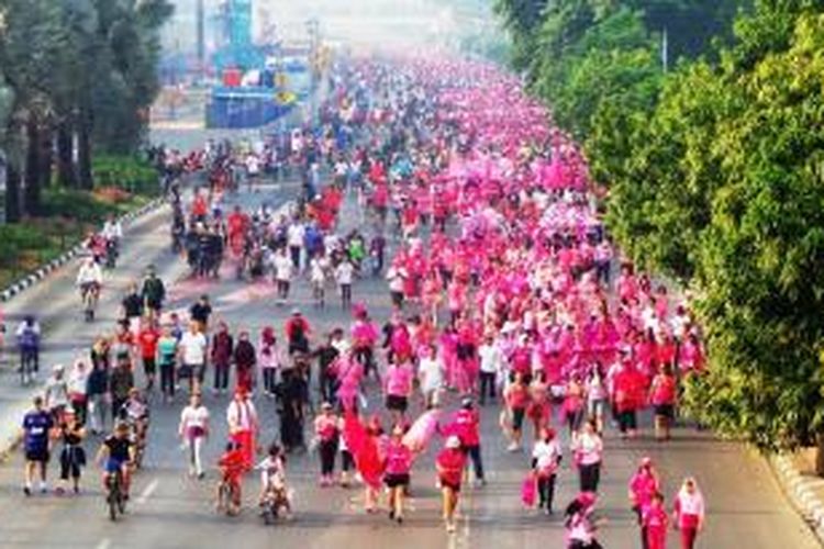 Lebih dari 2500 orang mengikuti Jakarta Goes Pink, parade kampanye peduli kanker payudara di jalur car free day, Jakarta, Minggu (12/10/2014).