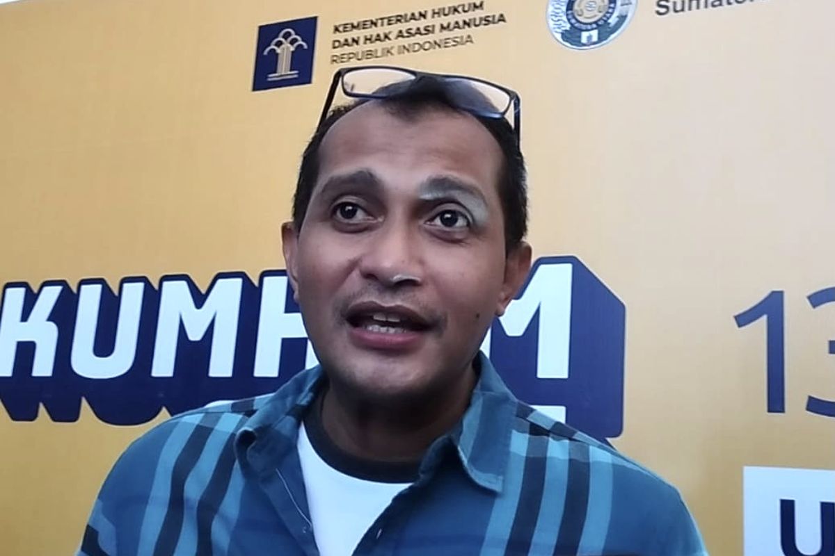 Wakil Menteri Hukum dan HAM (Wamenkumham) Edward Omar Sharif Hiariej dalam sosialisasi Rancangan Kitab Undang-Undang Hukum Pidana (RKUHP) di Universitas Sumatera Utara (USU) Kamis (13/10/2022).