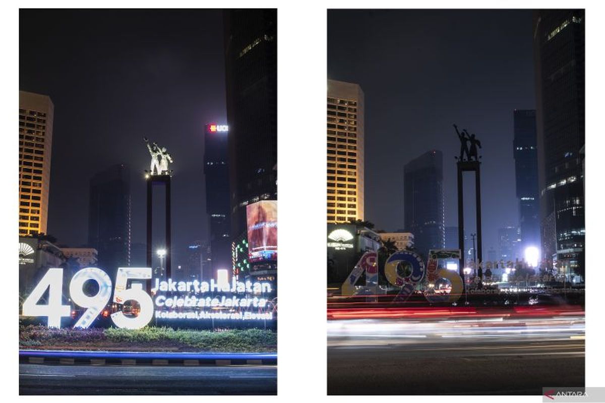 Suasana pemadaman listrik saat pelaksanaan (kanan) dan sebelum dilaksanakan (kiri) Earth Hour di kawasan Bundaran HI, Jakarta, Sabtu(2/7/2022). 
