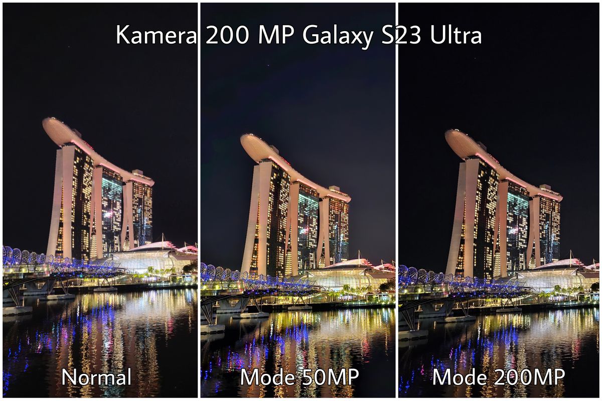 Perbandingan hasil kepretan Marina Bay Sands dengan kamera 200 MP Galaxy S23 Ultra mode normal serta mode resolusi penuh 50 MP dan 200 MP. Sebenarnya, dengan mode normal, kamera 200 MP Galaxy S23 Ultra sudah menghasilkan gambar yang terang, detail, dan tajam. Namun, dengan mode 50 MP dan 200 MP, kami mendapatkan gambar dengan hasil yang lebih tajam dengan resolusi yang lebih tinggi. Hal ini membuat kami lebih leluasa ketika ingin memotong (crop) gambar, karena kualitas gambar akan tetap tajam.