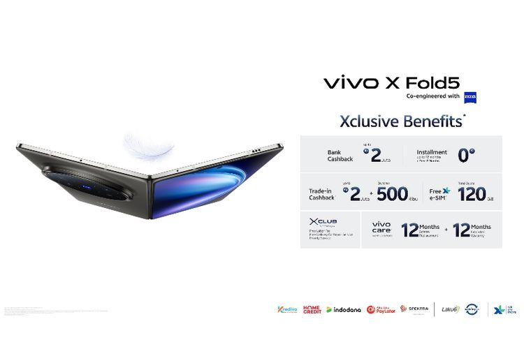 vivo X Fold5 hadir dengan berbagai promo eksklusif, mulai dari cashback bank hingga Rp 2,5 juta, cicilan 0 persen, trade-in cashback, hingga bonus kuota eSIM 120 GB 