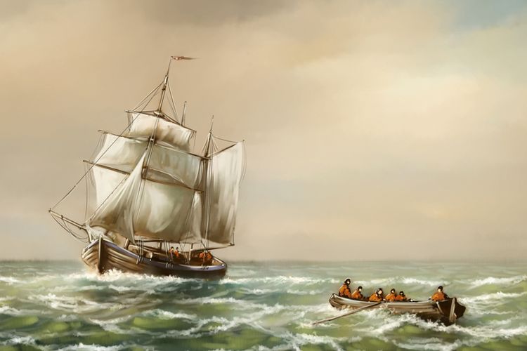 Ilustrasi nenek moyang pelaut berlayar mengarungi lautan, memanfaatkan angin monsun untuk berlayar dari sub-benua India ke negara-negara di Asia Tenggara. Salah satu jalur rempah yang dimanfaatkan dalam sejarah perdagangan rempah dunia.