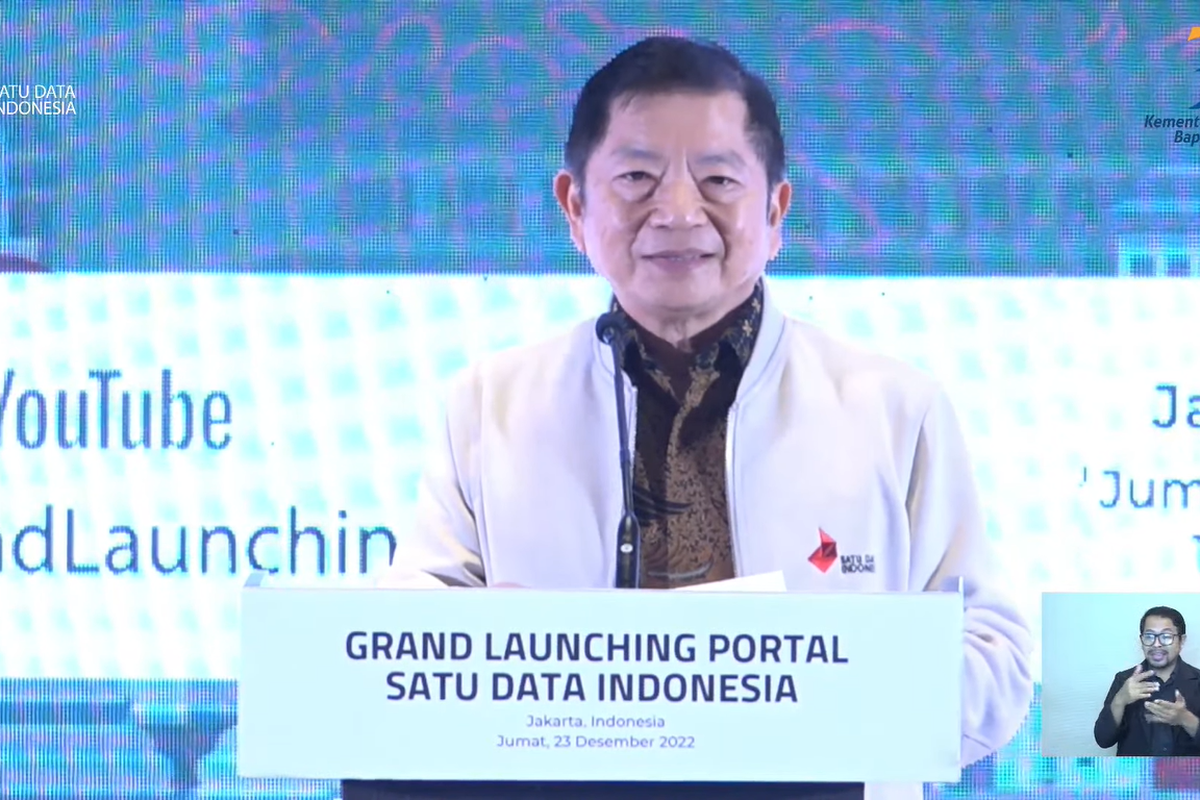 Menteri PPN/Kepala Bappenas Suharso Monoarfa menyampaikan sambutan dalam peluncuran Portal Satu Data, di Jakarta, Jumat (23/12/2022).